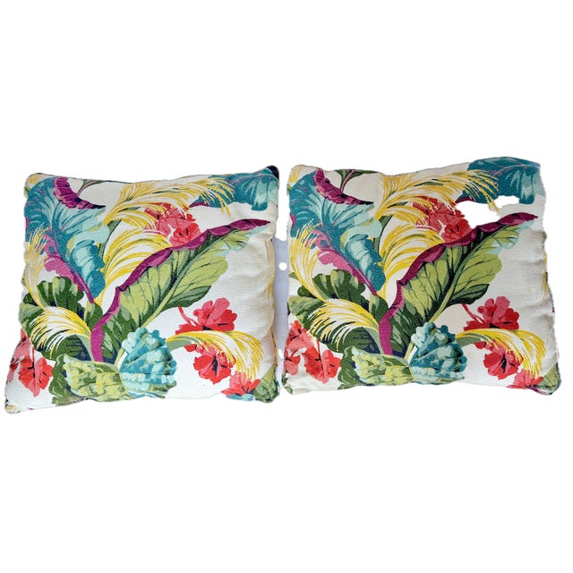 Pair of large vintage tropical floral and leaf barkcloth pillows. Vibrant colors of various tropical floral and leaf...