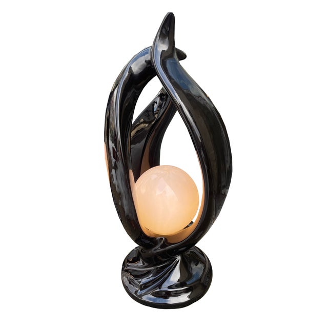 Immaculate pair of vintage Harris “Lamp of Elegance” bedside lamps. Gorgeous black porcelain with frosted glass domes...