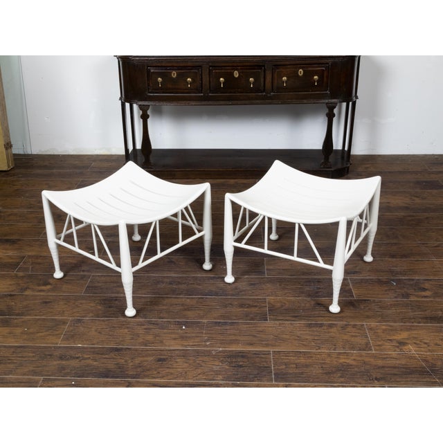 Mid 20th Century Pair of Vintage English Egyptian Revival White Thebes Stools with Curving Seats For Sale - Image 5 of 12