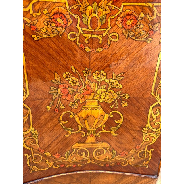 Vintage Louis XV Style Floral Marquetry Bombe Commode With Marble Top For Sale - Image 15 of 18