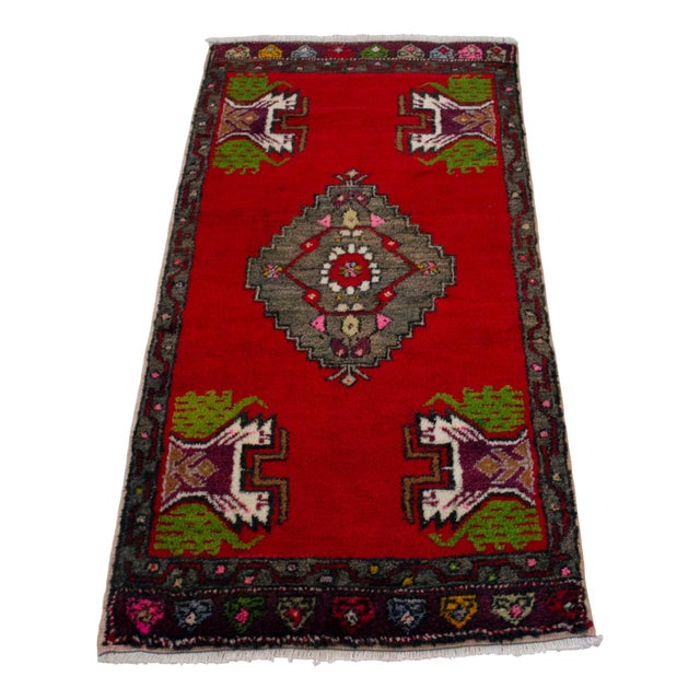 1970s Vintage Oushak Small Rug 2x3 Hand-Knotted Red Turkish Wool Mat Door Mat Entry Decor For Sale - Image 5 of 14