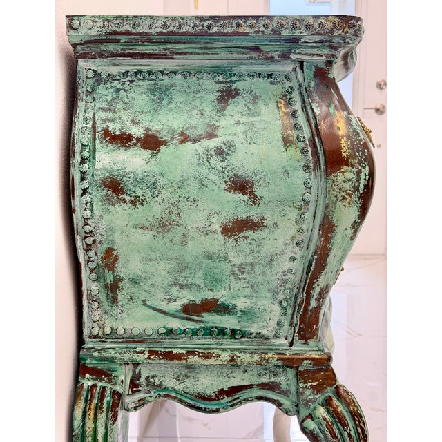 2000 - 2009 French Provincial Green Bombé Chest – Distressed Patina – Brass Hardware For Sale - Image 5 of 8