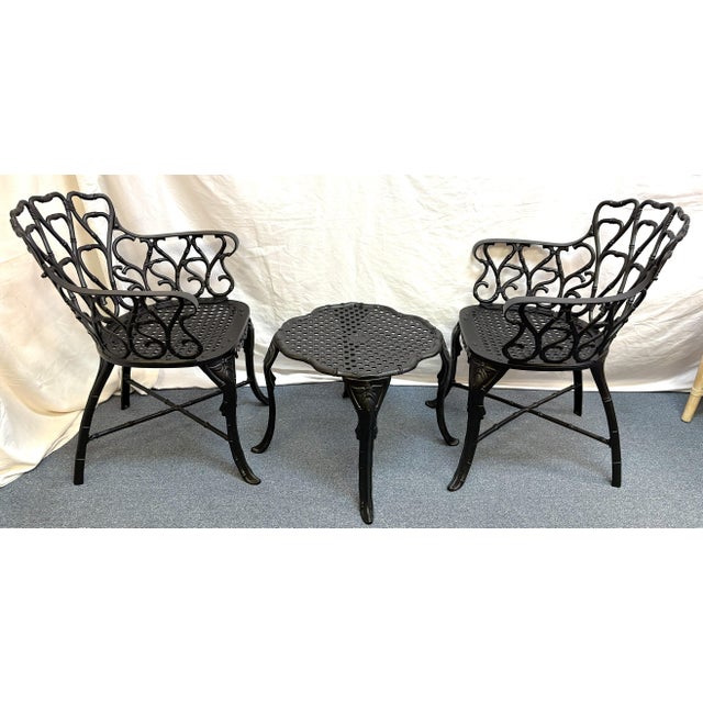 English Vintage Set of 'Barrycraft' Style Cast Aluminum Outdoor Table and Two Chairs- 3 Pieces For Sale - Image 3 of 18