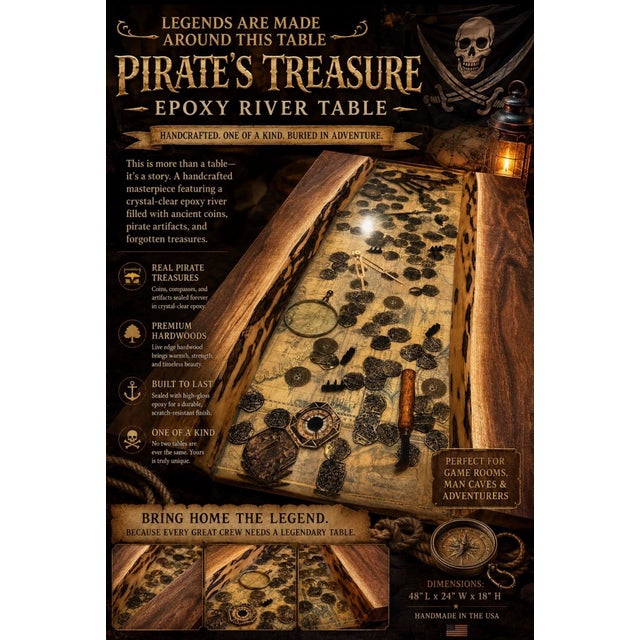 Pirate Themed Live Edge Wall Art/Epoxy River Table Top 40.5” x 24” This item was hand crafted by professionals from a raw...