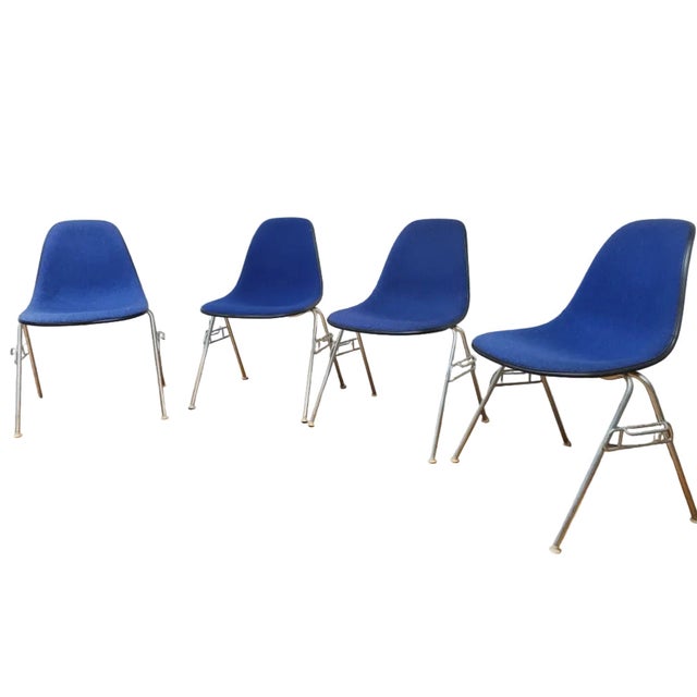 Mid 20th Century Mid Century Modern Eames for Herman Miller Molded Fiberglass Shell Chairs With Alexander Girard Blue Upholstery - Set of 4 For Sale - Image 5 of 10