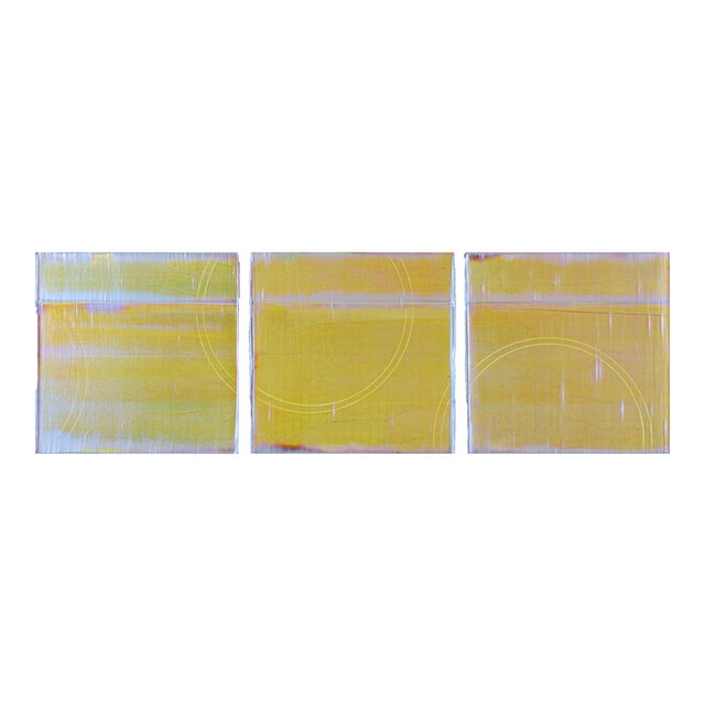 Rebecca Koury "Moving Through the Horizon" Chartreuse Green Triptych Contemporary Abstract Painting, Acrylic on Canvas/Panel, Carmel California Art For Sale