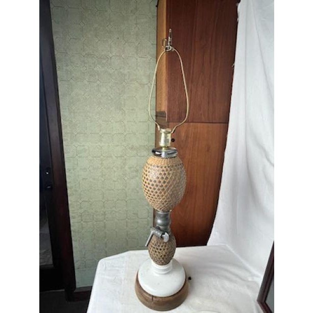 This gorgeous French Victorian cane-wrapped blown glass seltzer bottle was converted into a table lamp with a milky glass...