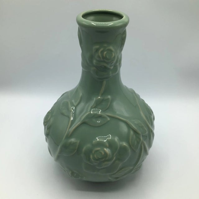 Celadon Style Climbing Rose Pattern Porcelain Vase For Sale In Sacramento - Image 6 of 13