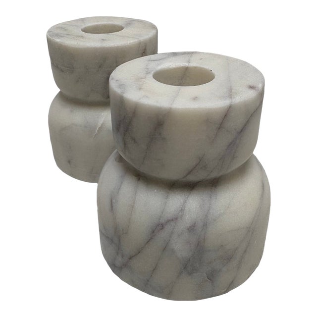 Set of Two White Alabaster Candleholders, a Pair For Sale