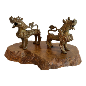 Vintage Bronze Foo Dogs on Wooden Stand - 3 Piece Set