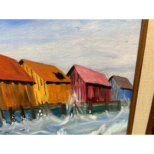 Vintage Nautical Harbor Fishing Shacks Oil Painting, Framed For Sale - Image 4 of 11