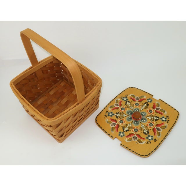 Tan Scandinavian Rosemaling Folk Art Painted Wood Basket Handbag For Sale - Image 8 of 14
