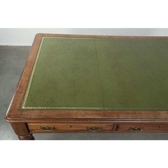 Wood Antique English Writing Desk on Wheels with Drawers and Green Leather Top For Sale - Image 7 of 14