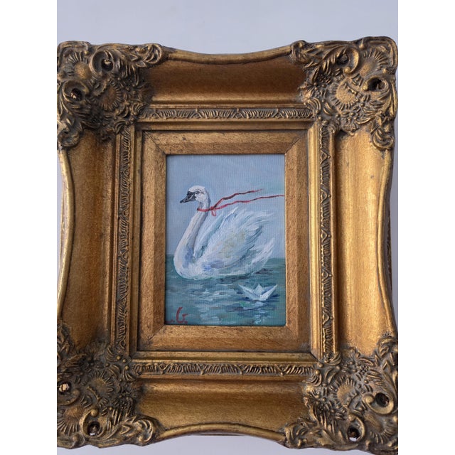 Vintage Ornate Gold Picture Frame With Original Swan Oil Painting, Baroque Wall Art, Gilded Hollywood Regency Decor For Sale - Image 9 of 9
