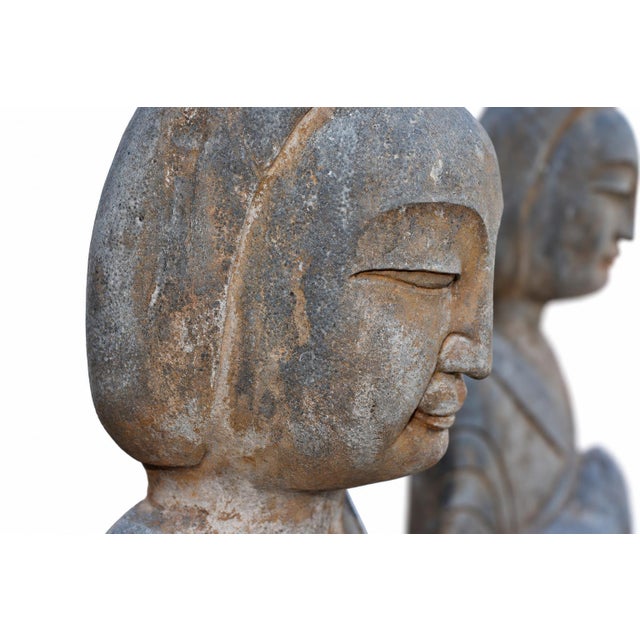 Pair Monumental Antique 48" Solid Stone Chinese Court Lady Figure Statues Tang Style For Sale - Image 10 of 18
