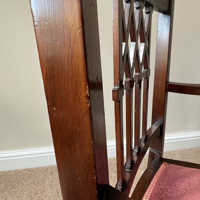 Edwardian Mahogany Inlaid Desk Armchair with Gothic Splat and Dusty Rose Upholstered Seat, 1900s For Sale - Image 10 of 17