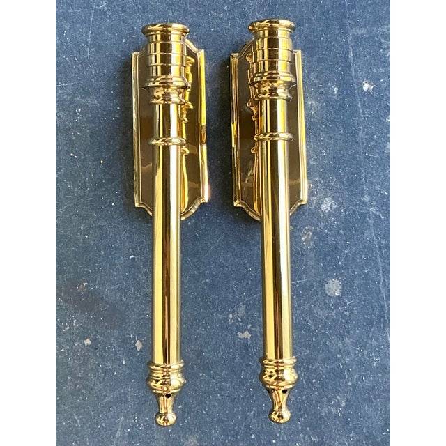 Late 20th Century Vintage Regency Polished Brass Hurricane Candle Sconces For Sale - Image 5 of 7