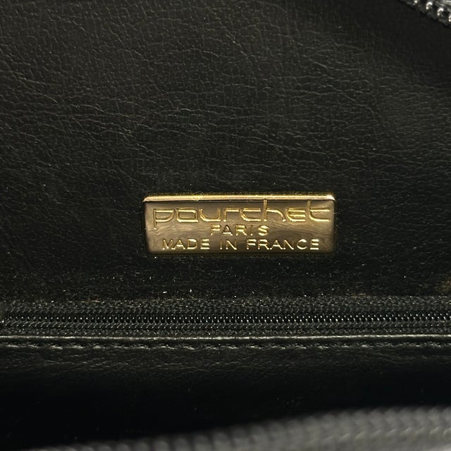 Animal Skin Vintage Pourchet Paris Black Leather & Green Lizard-Embossed Shoulder Bag, Made in France For Sale - Image 7 of 8
