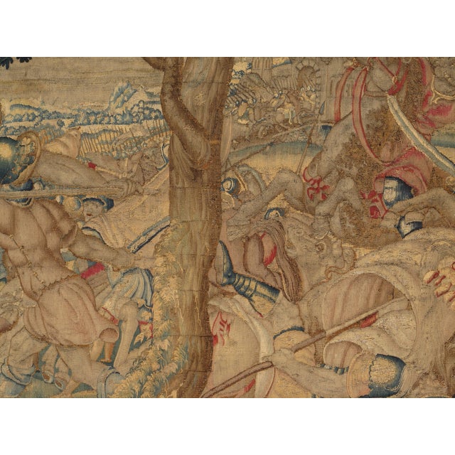 17th Century Fine Brussels Tapestry, Silk Wool, Green, Blue, Red, Battle Scene For Sale - Image 4 of 12