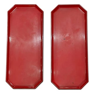 Pair Chinese Red Lacquer Rectangular Shape Trays For Sale