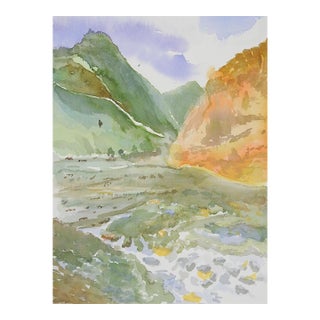 Late 20th Century Mountain Valley Landscape Watercolor Painting For Sale