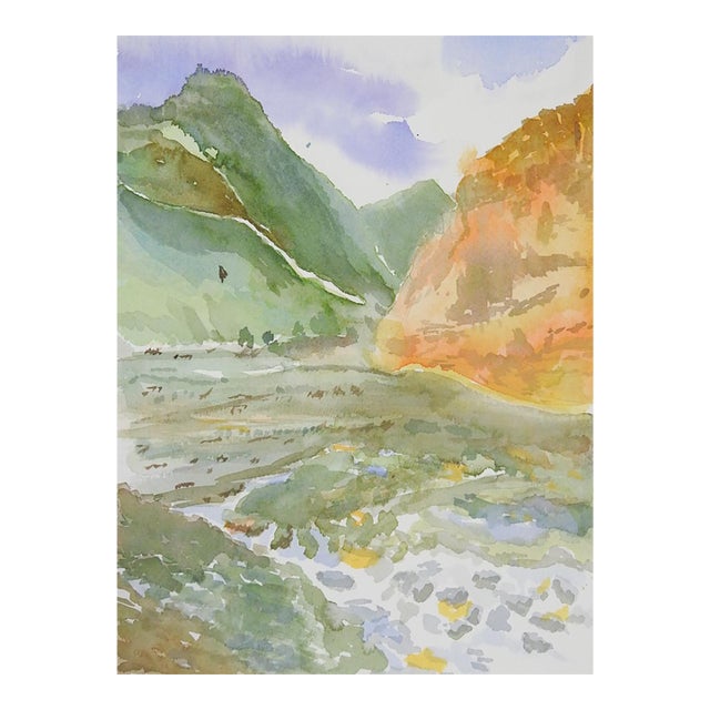 Late 20th Century Mountain Valley Landscape Watercolor Painting For Sale