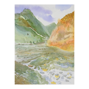 Late 20th Century Mountain Valley Landscape Watercolor Painting