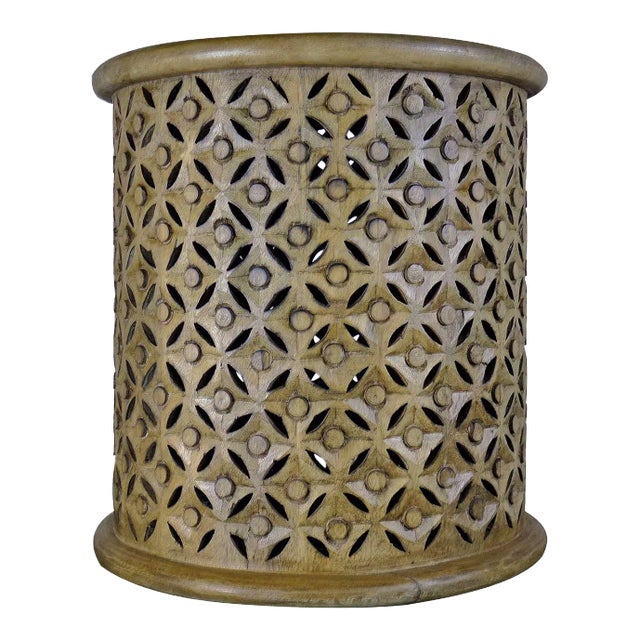 Distressed Off- White Lattice Carved Round End Table | Farmhouse Side Table | Modern Circular 17" Tall Accent Table | Unique Pedestal For Sale