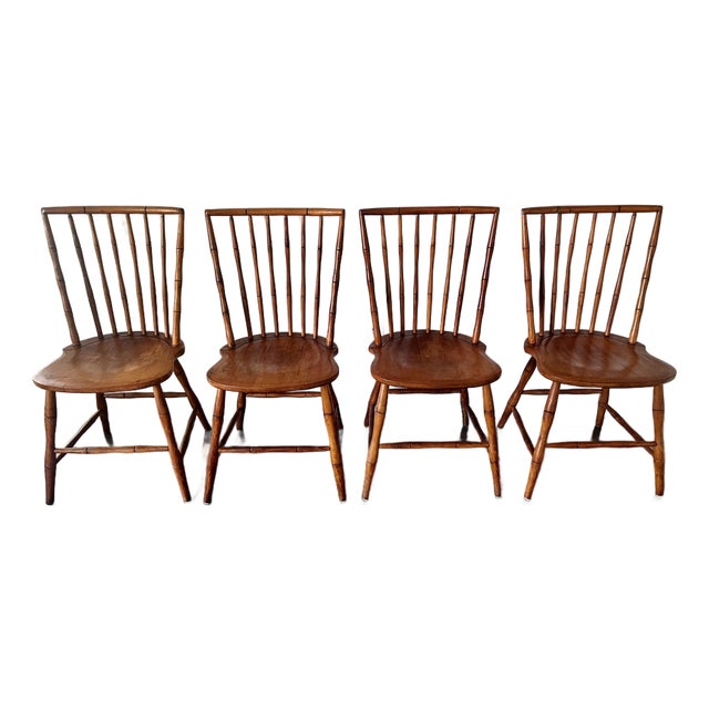 Set 4 Birdcage Chairs Farmhouse-Chic Solid Maple 1860s Plank Seats Spindle Backs For Sale