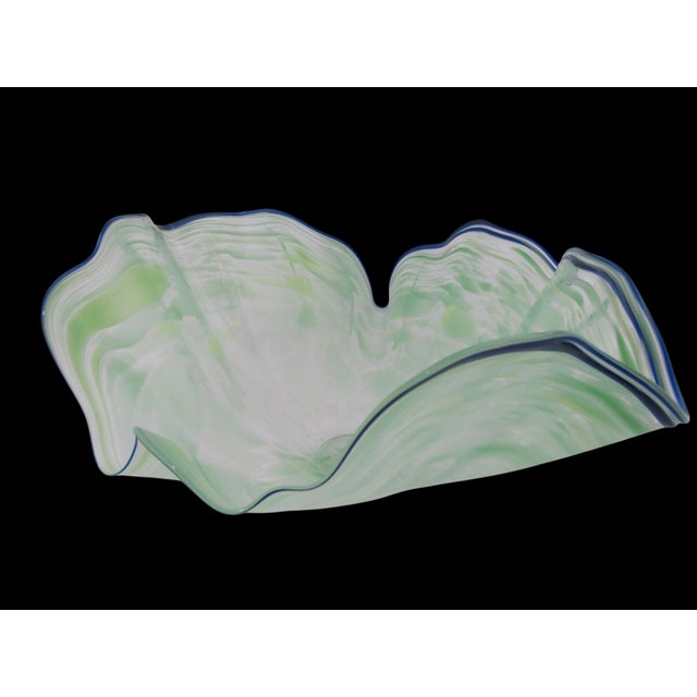 1990s Large Seaform Blue Green Ruffled Pilchuck Studio Hand Blown Art Glass Bowl For Sale - Image 5 of 13