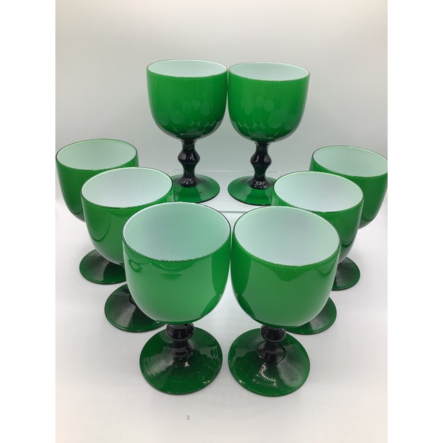 Mid-Century Modern Vintage Carlo Moretti Italy Green White Cased Glass Wine Water Glasses - Set of 8 For Sale - Image 3 of 7
