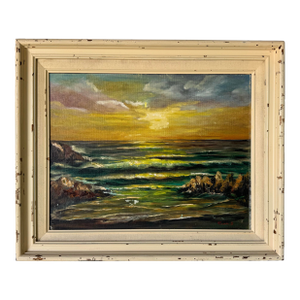 1970's Vintage Sunset Coastal Seascape Oil Painting by Fran S — Framed