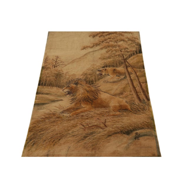 Traditional Handwoven Antique Japanese Tapestry in Beige-Brown Lion Pictorials For Sale - Image 3 of 7