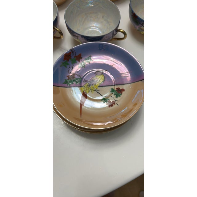 Japanese Vintage Japanese Lusterware Tea Set With Bird Design Handpainted Collectible - 18 pcs For Sale - Image 3 of 7