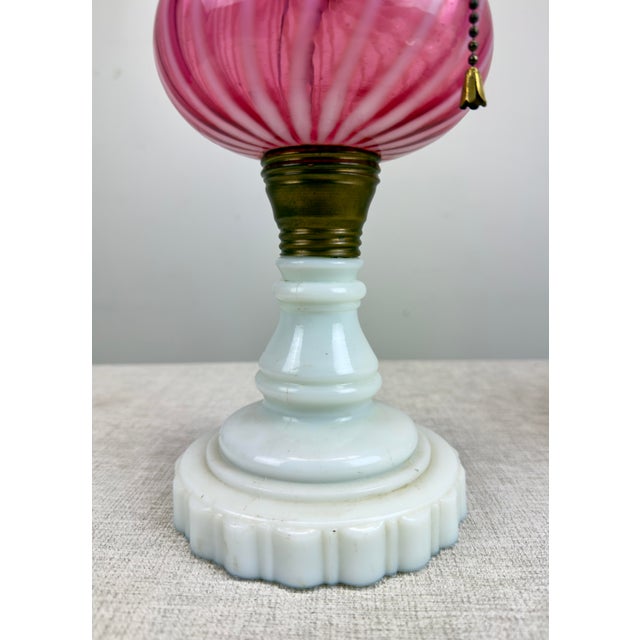 Dark Pink Antique Fenton / L G Wright Style Cranberry & Milk Glass Converted Oil Lamp For Sale - Image 8 of 10