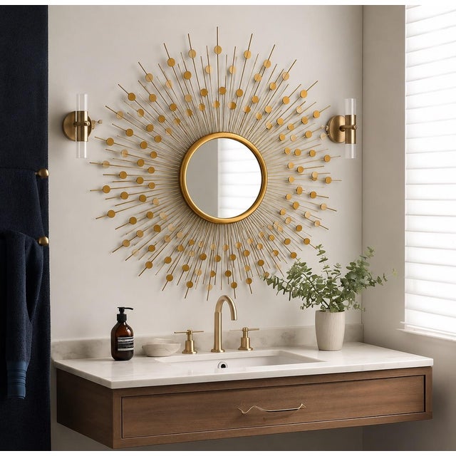 Metal Large Brass Convex Sunburst Wall Mirror | Mid-Century Modern Atomic Style | 34” For Sale - Image 7 of 8