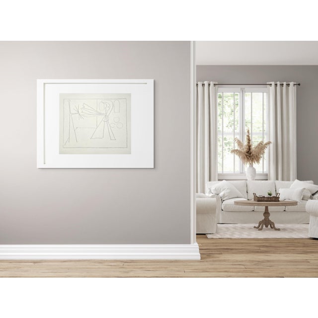 1980s 35.8 X 29.1 Shadow Box Framed Picasso Style Minimalist Pen Drawing / Neutral Palette For Sale - Image 5 of 10