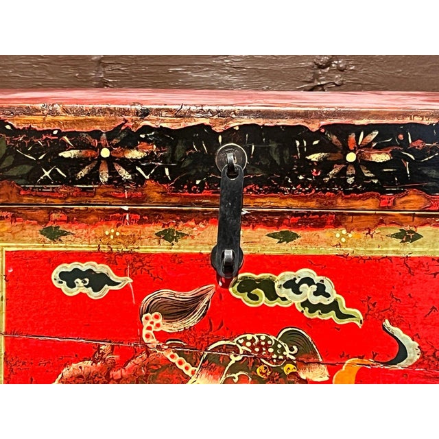Folk Art Antique Tibetan Hand Painted Red Lacquer Trunk Foo Dog Chest 20" For Sale - Image 3 of 9