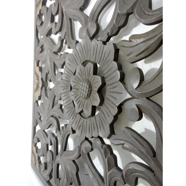 1980s Large Asian Sculptural Carved Dark Brown Wood Wall Panel / Hanging With Gold Flowers For Sale - Image 5 of 5