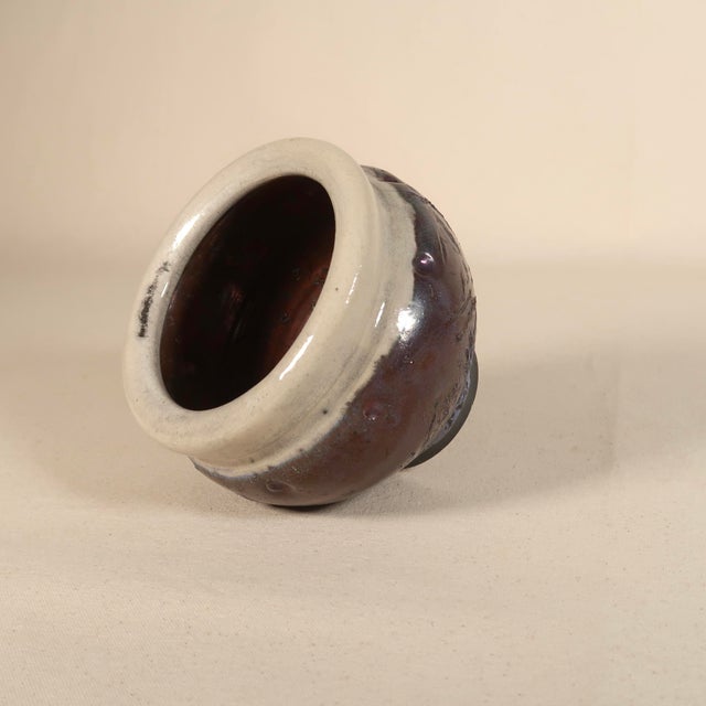 Sienna Late 20th Century Handmade Textured Raku Studio Pottery Vessel in Iridescent Burnt Sienna Glaze With Plum & Green Reduction Finish For Sale - Image 8 of 13