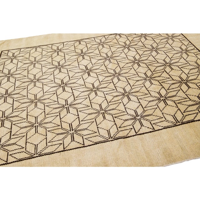Modern Moroccan Style Beige Handmade Geometric Pattern Wool Rug For Sale In New York - Image 6 of 8
