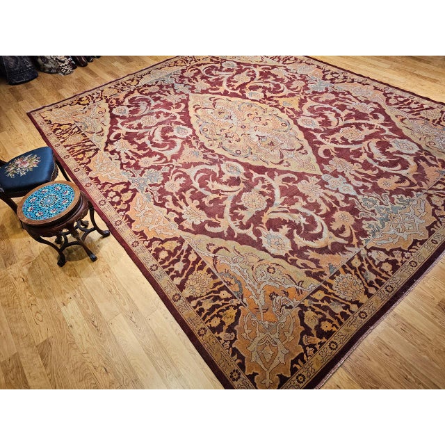 19th Century Handwoven Amritsar Rug, Handwoven Wool, Mughal Design, Burgundy & Tan, 12' X 14' For Sale In Chicago - Image 6 of 18