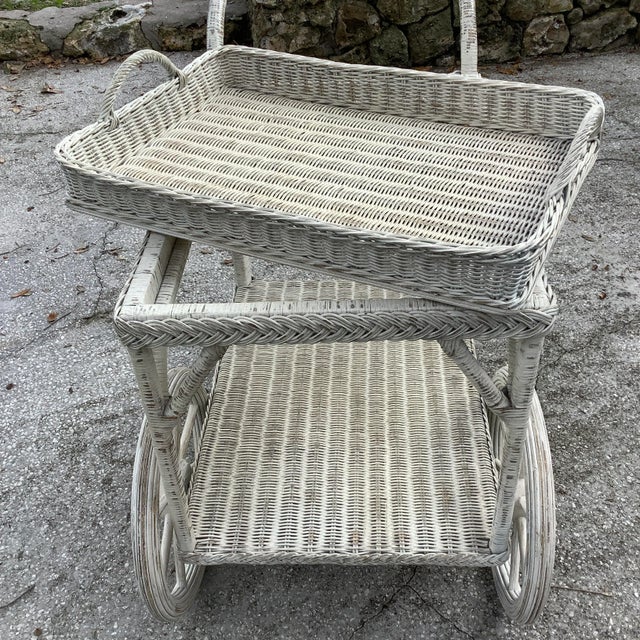 1970s 1970s Vintage Henry Link White Wicker Bar Cart For Sale - Image 5 of 10