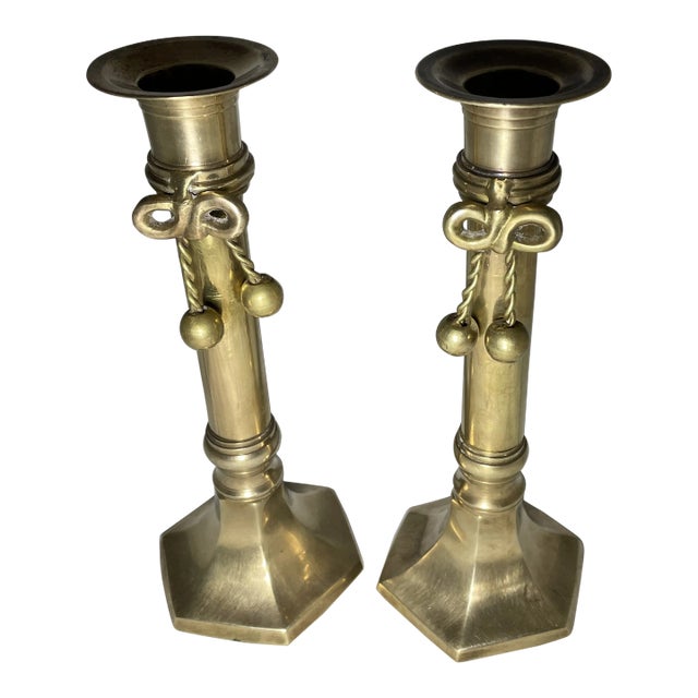 1970s Brass Candlestick Holders With a Brass Bow- a Pair For Sale
