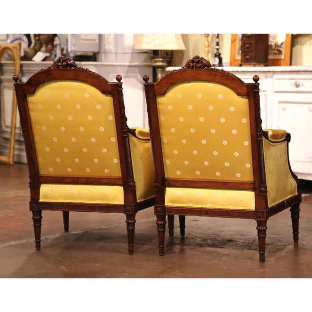 19th Century French Louis XVI Walnut Bergères With Carved Eagle Crest For Sale - Image 12 of 12