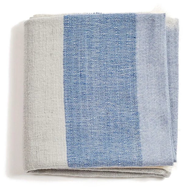Studio Variously Textured & Handwoven Merino Blue & Cream Color Block Ceru Throw For Sale - Image 4 of 12