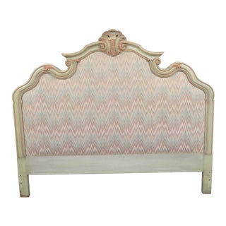 French Style Cream Painted Carved Upholstered Queen Headboard For Sale
