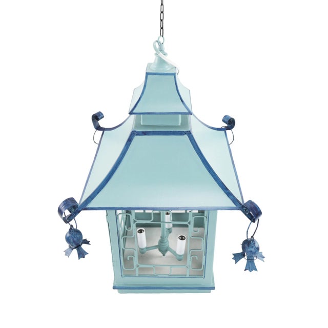 Vintage Double Pagoda Blue Three Light Chandelier For Sale In New York - Image 6 of 7