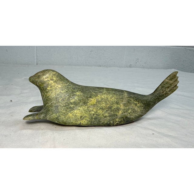 Antique Signed Carved Green Soapstone Canadian Seal Eskimo Sculpture Inuit For Sale - Image 10 of 11