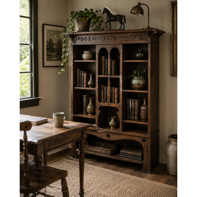 A wonderfully characterful english arts & crafts solid oak bookcase dating from around 1910, featuring the charming carved...